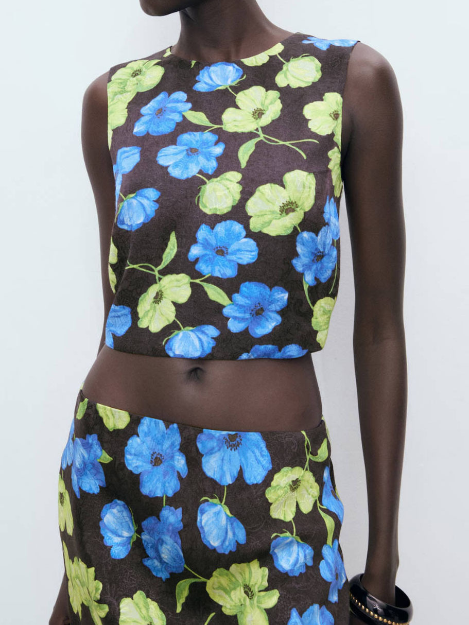Floral-Print Open-Back Cropped Blouse