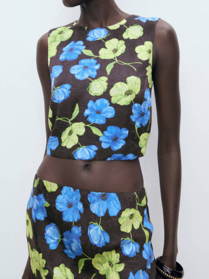 Floral-Print Open-Back Cropped Blouse
