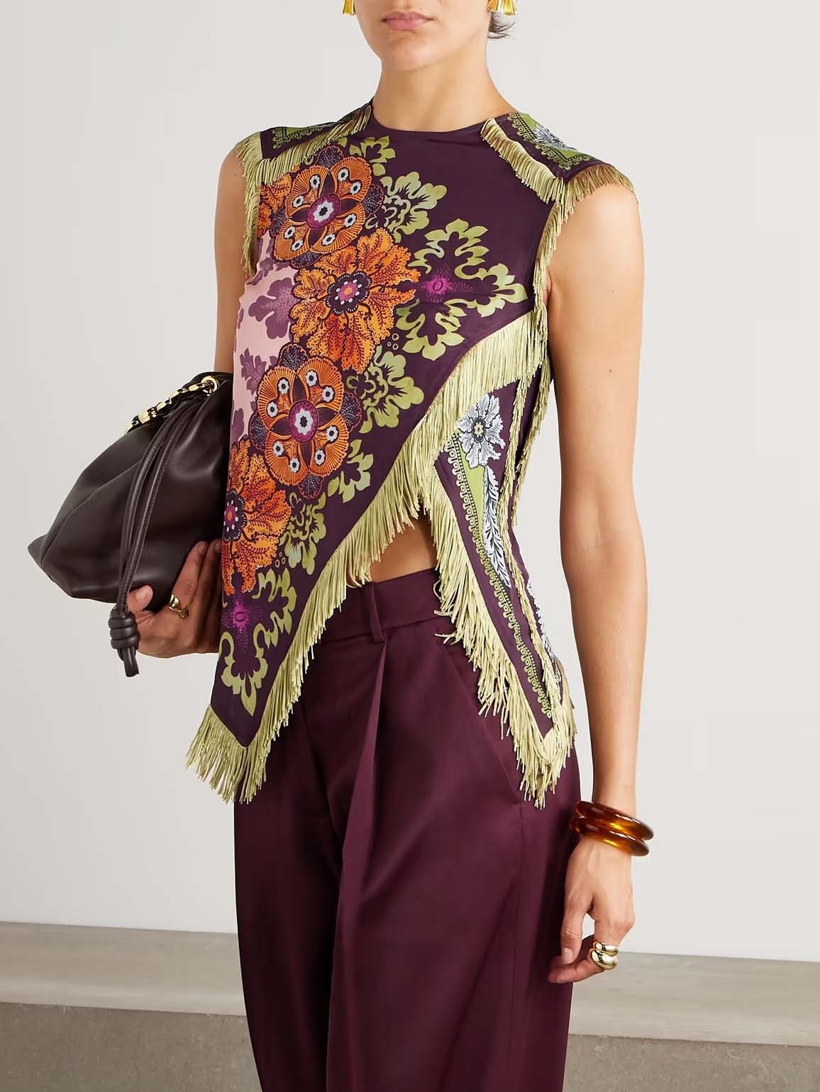 Unique Vintage Floral Print Tassel Tank Top