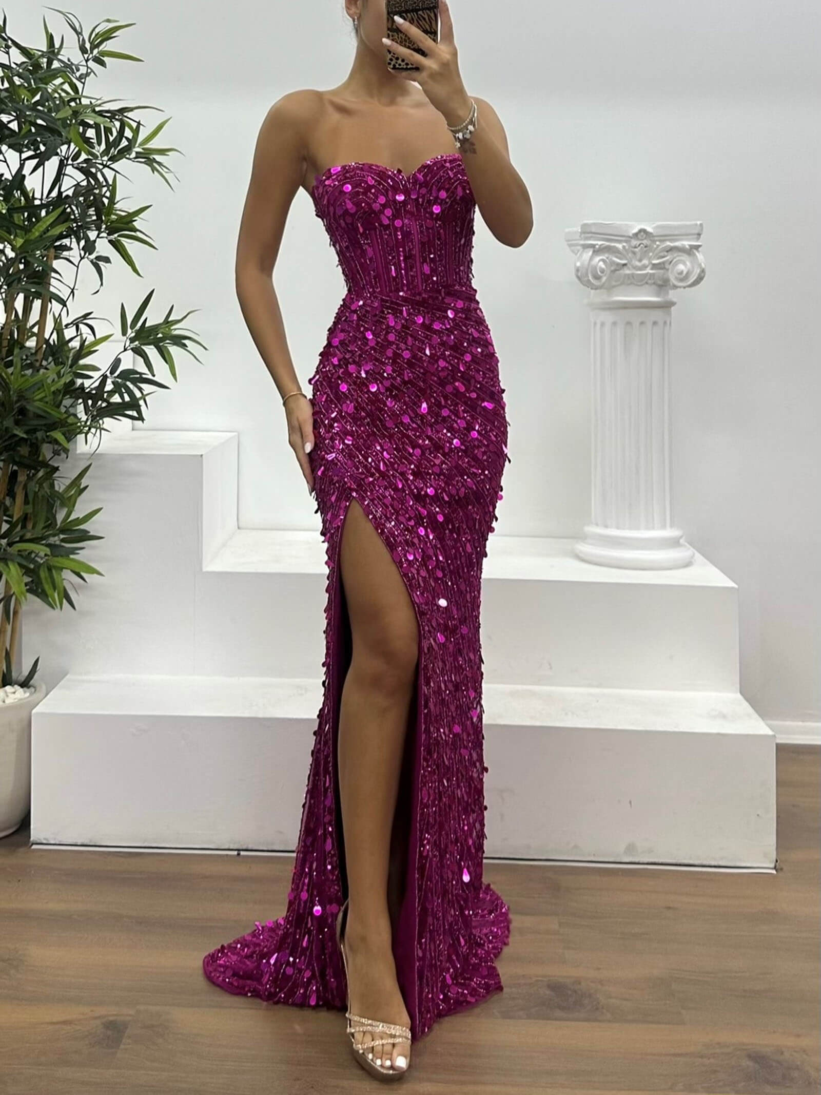 Off-The-Shoulder Sequined Side-Slit Gown Dress