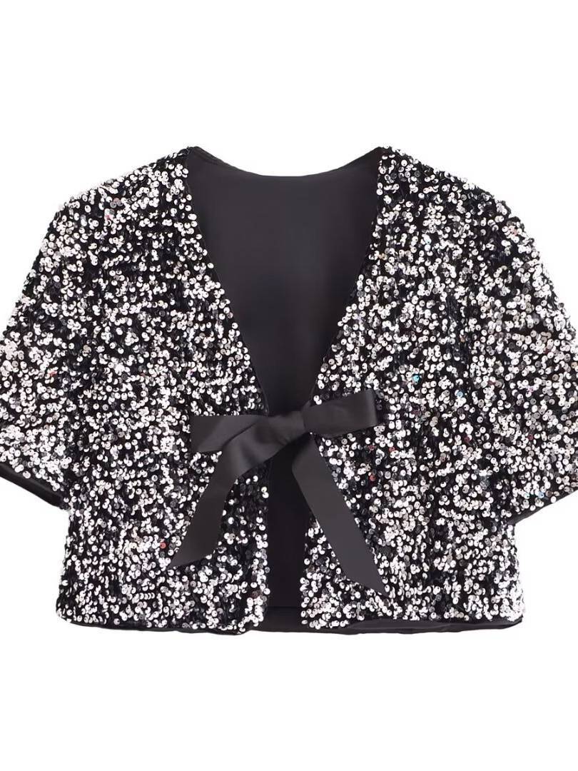 Sequined Bow Short-Sleeve Top