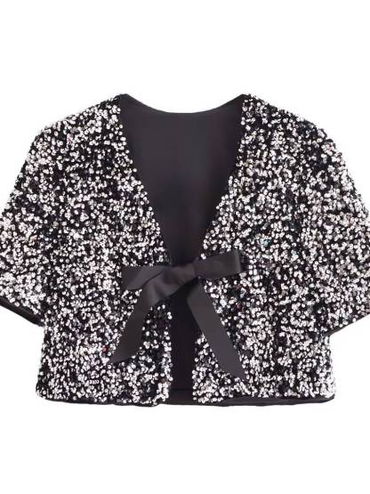 Sequined Bow Short-Sleeve Top