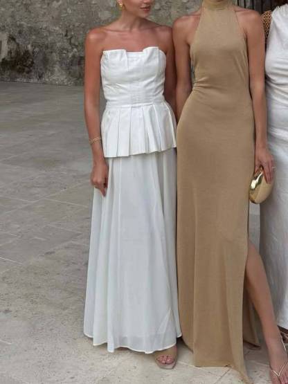 Minimalist Pleated Tube Top And Skirt Set-Skirt