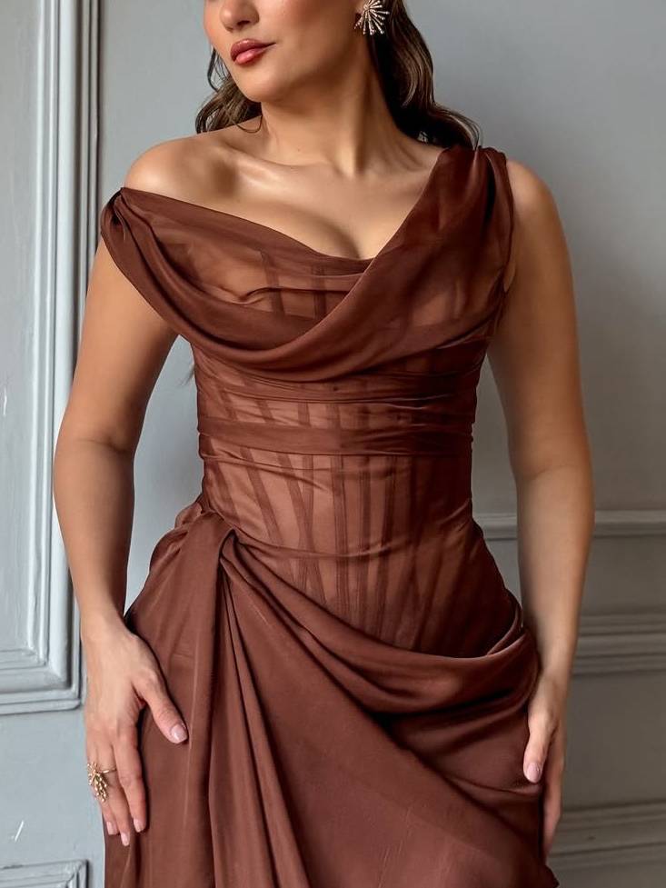 Swing Collar Pleated Front Side Slit Maxi Dress