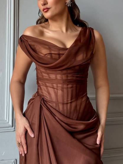 Swing Collar Pleated Front Side Slit Maxi Dress