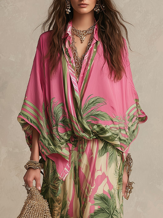 Bohemian Tropical Print High-Waist Wide-Leg Pants