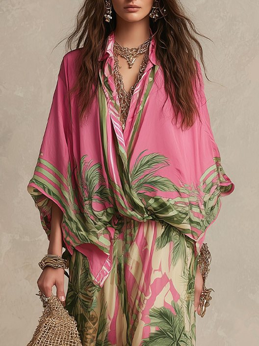 Bohemian Tropical Print High-Waist Wide-Leg Pants