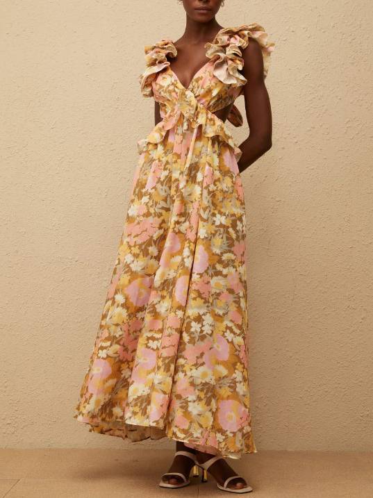 Floral Print Cross Backless Maxi Dress