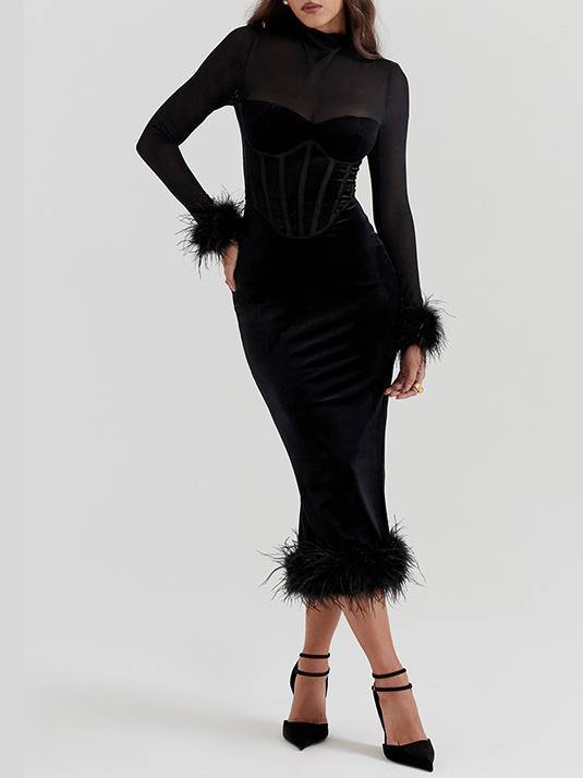 Mesh Patchwork Velvet Corset Dress