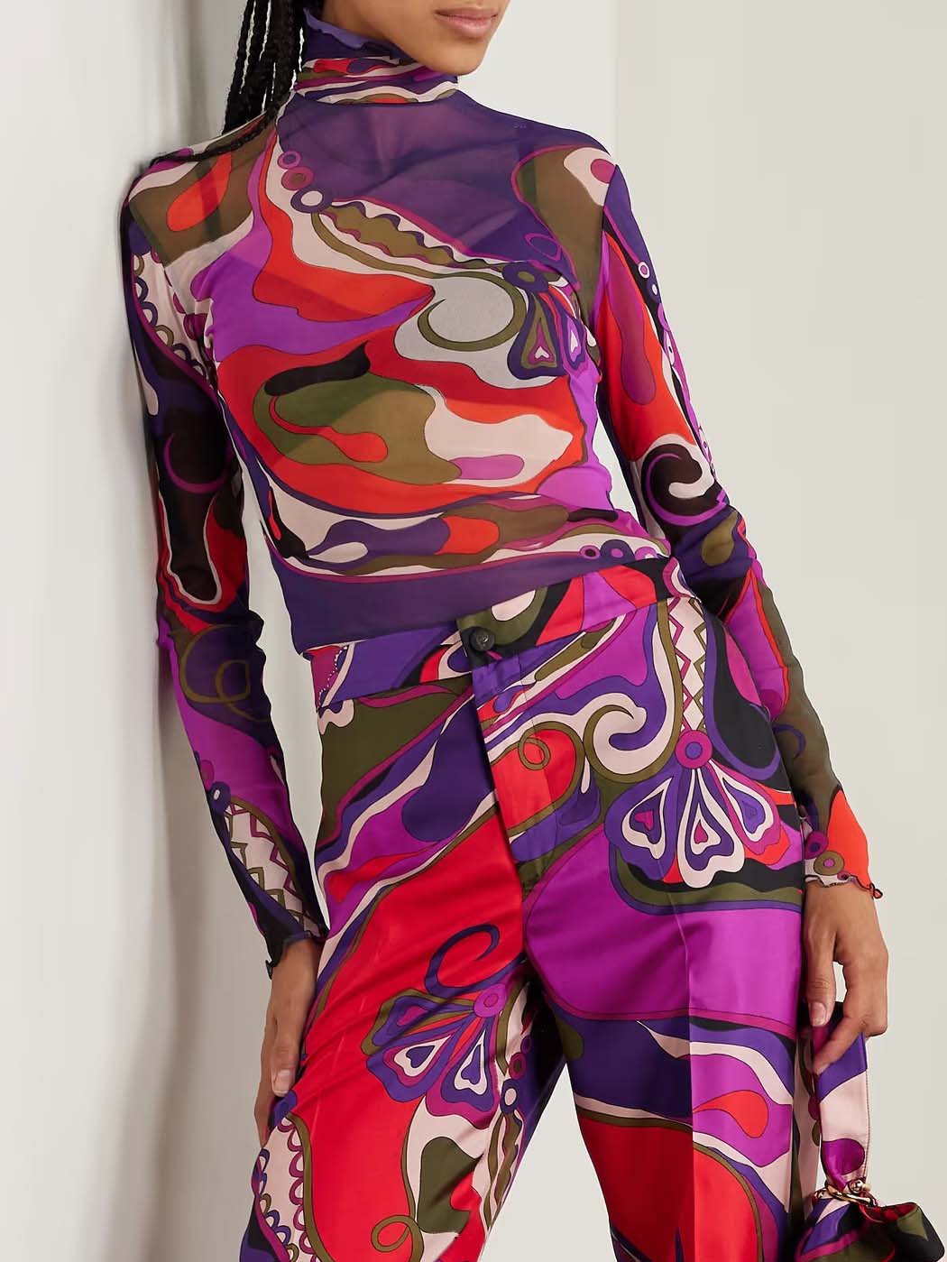 Unique Retro Abstract Print Mesh Long-Sleeved Top