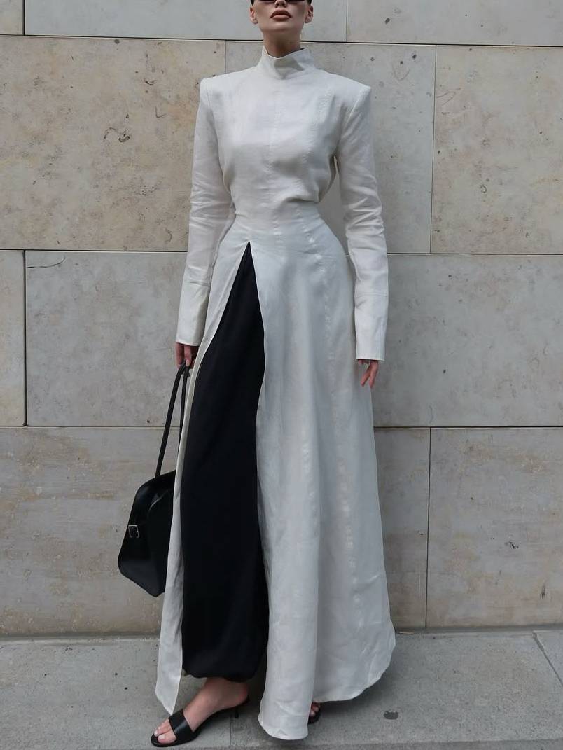 Long Sleeve Slit Shirt Dress And Wide Leg Pants Suit