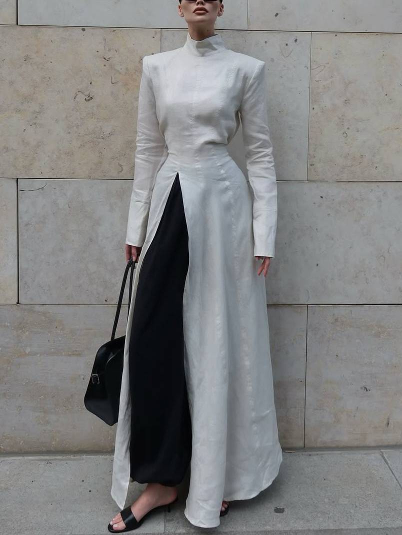 Long Sleeve Slit Shirt Dress And Wide Leg Pants Suit