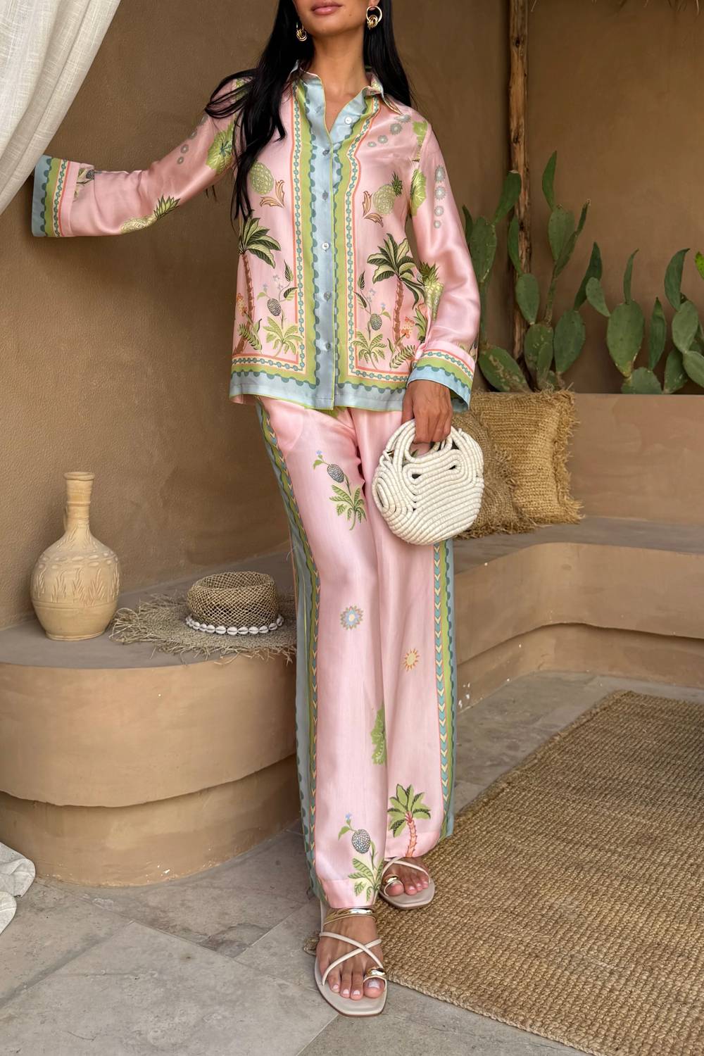 Tropical Print Lapel Shirt & Wide Leg Pants Two‑Piece Set