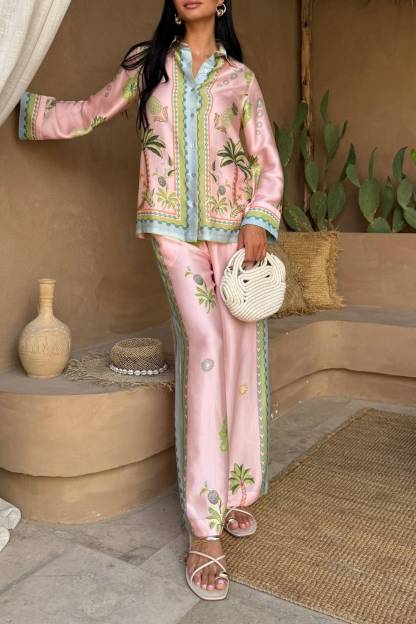 Tropical Print Lapel Shirt & Wide Leg Pants Two‑Piece Set