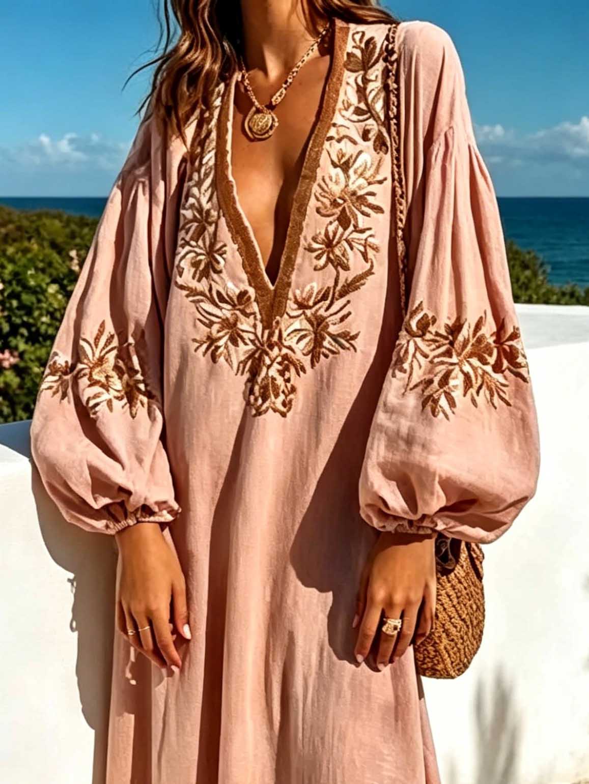 Casual Floral Embroidered Deep V Neck Puff Sleeve Maxi Dress