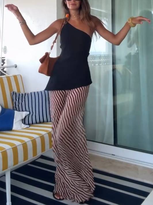 Slant-neck Backless Top And Sstripe Printed Wide Leg Pants Set-Top