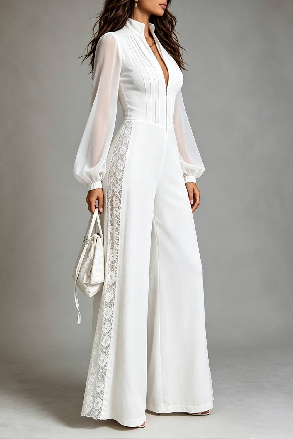 Stand Collar Zip Front Sheer Long Sleeve Lace Panel Wide Leg Jumpsuit