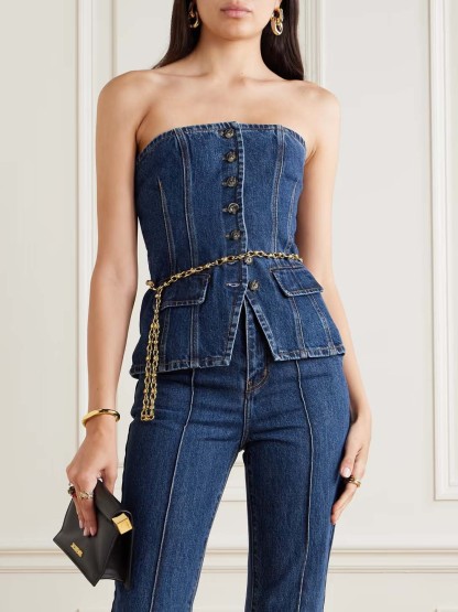 Chic Strapless Button-Up Denim Corset Top