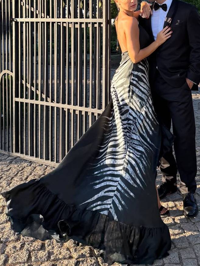 Zebra-Print Irregular Hem Sling Maxi Dress