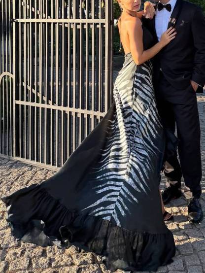 Zebra-Print Irregular Hem Sling Maxi Dress