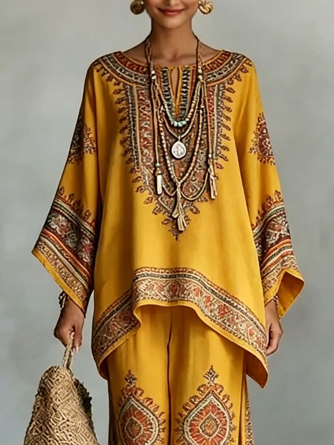 Exquisite Ethnic Print Batwing Sleeve Loose Two-Piece Set