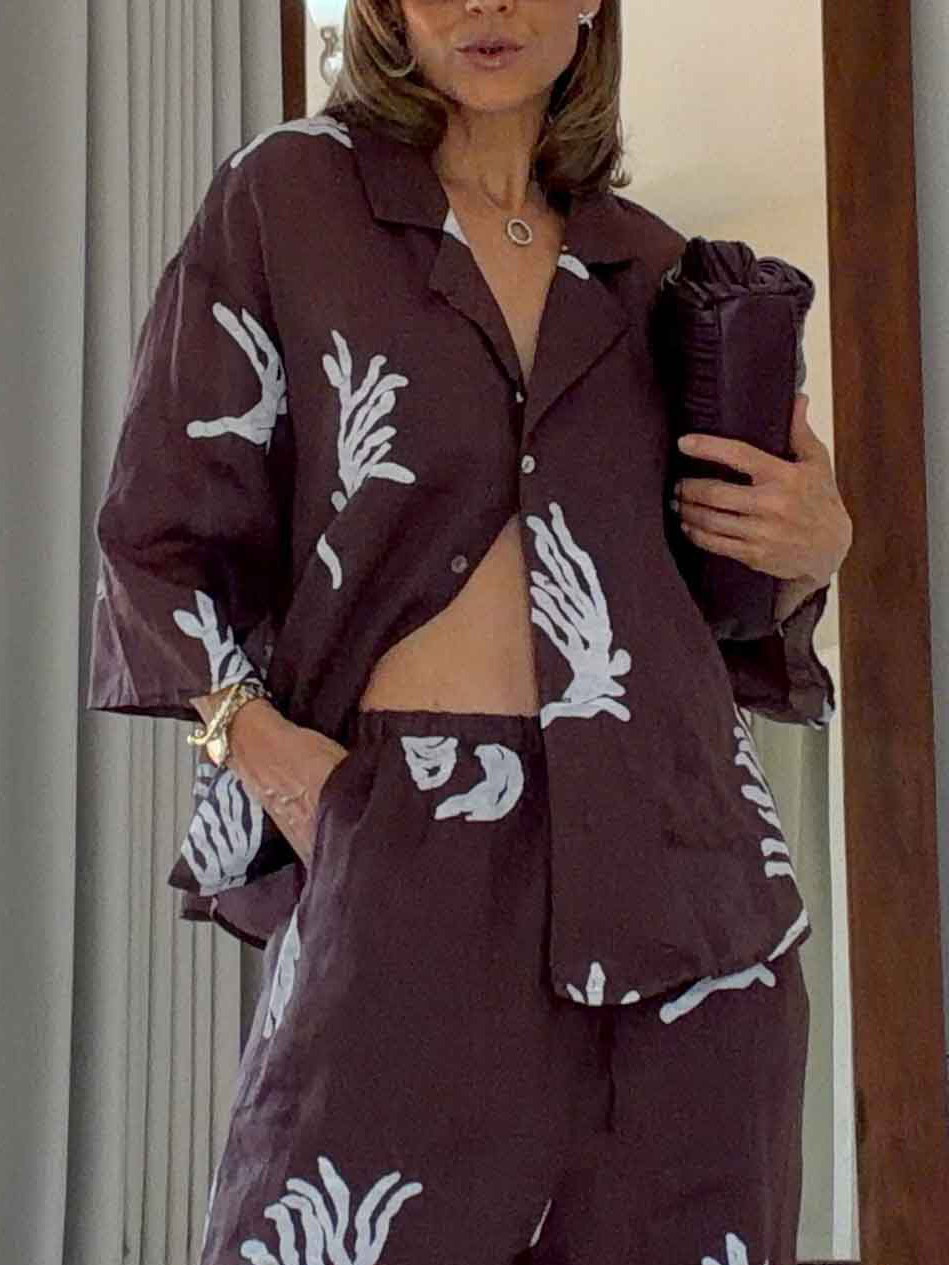 Exquisite Tropical Leaf Print Shirt & Pants Two-Piece Set