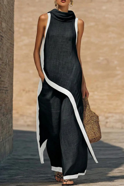 Color Contrast Design Irregular Hem Top And Wide Leg Pants Set