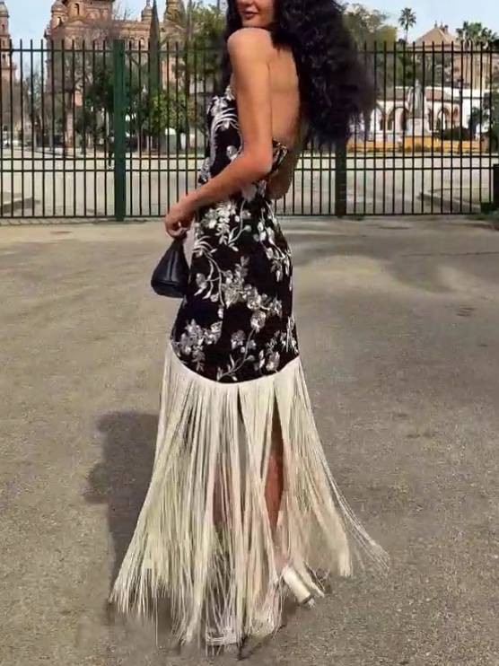 Printed Tassel Halter Neck Dress