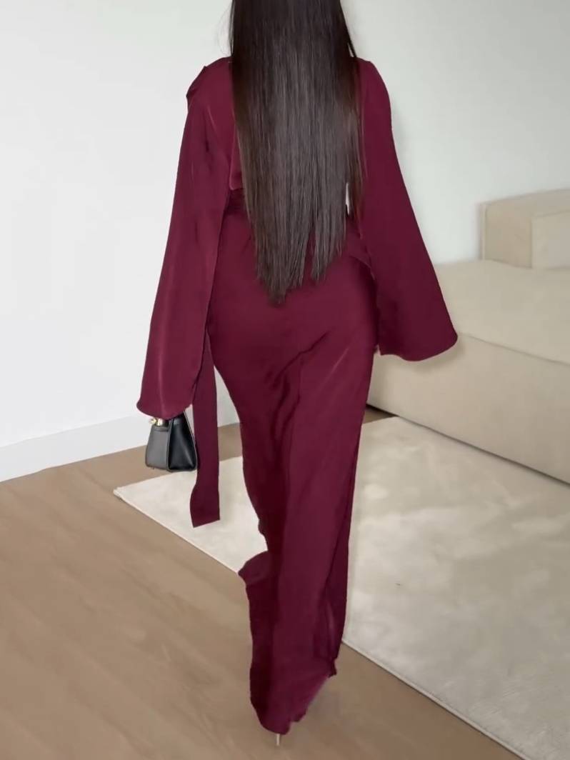 Waist Lace-up Design Long Sleeve Maxi Dress