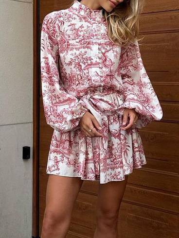 Printed Bubble Sleeve Stand Collar Dress