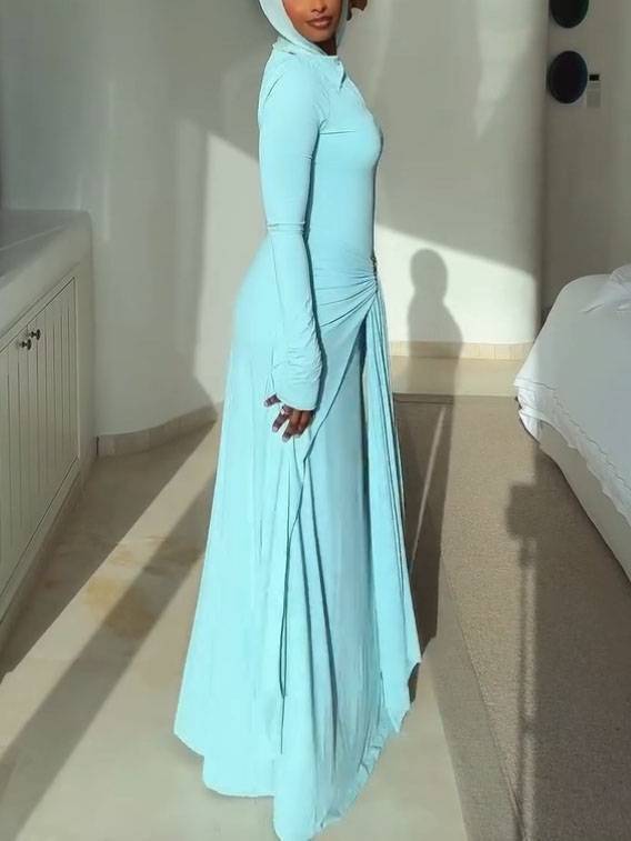 Metal Buckle Design Long Sleeve Maxi Dress