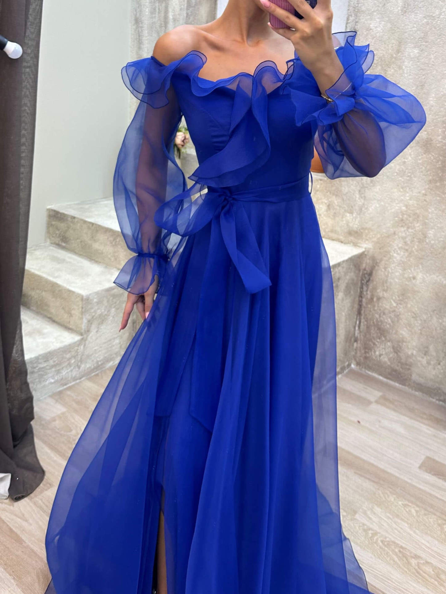 Off-The-Shoulder Ruffled Lantern Sleeve Drawstring Tulle Dress