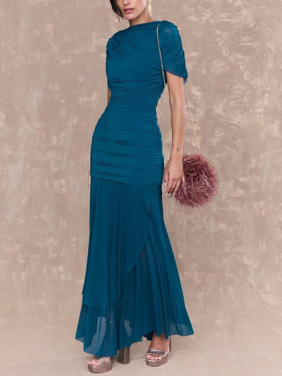 Pleated Design Irregular Hem Maxi Dress