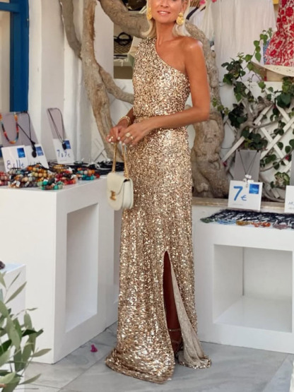 Party Sequin One-Shoulder Slit Maxi Dress