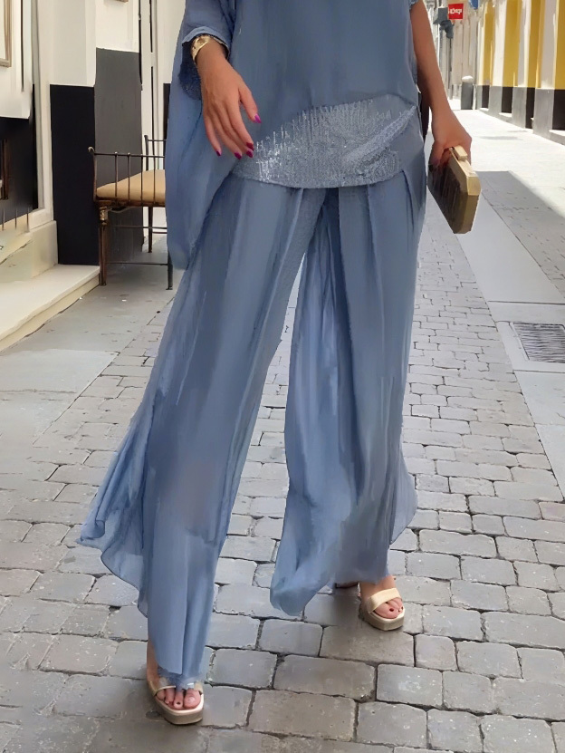 Elegant See-through Sequined Wide-leg Chiffon Pants