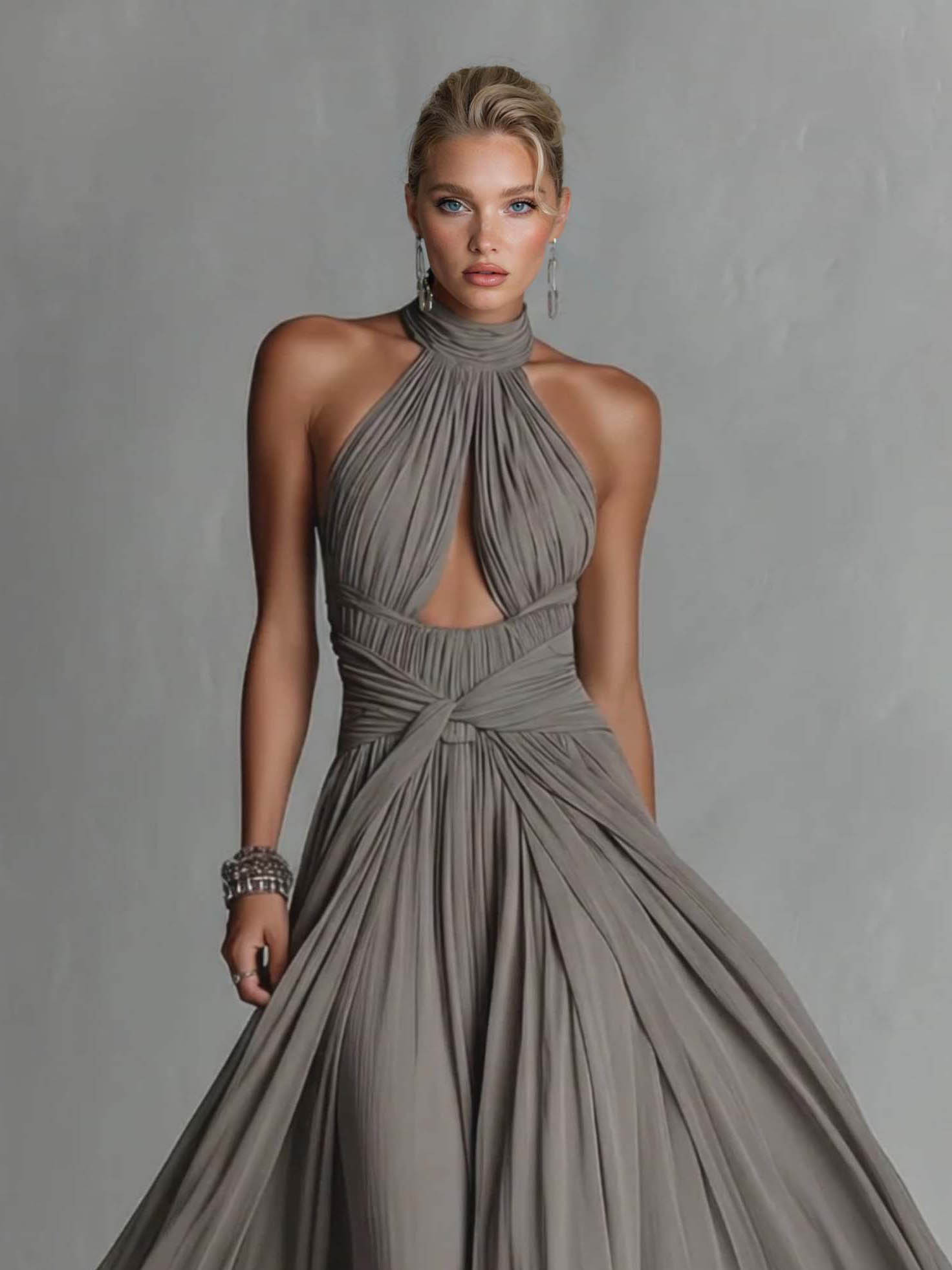 Elegant High-Neck Ruched Cut-Out Flowing Maxi Dress