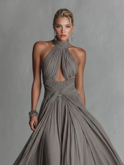 Elegant High-Neck Ruched Cut-Out Flowing Maxi Dress