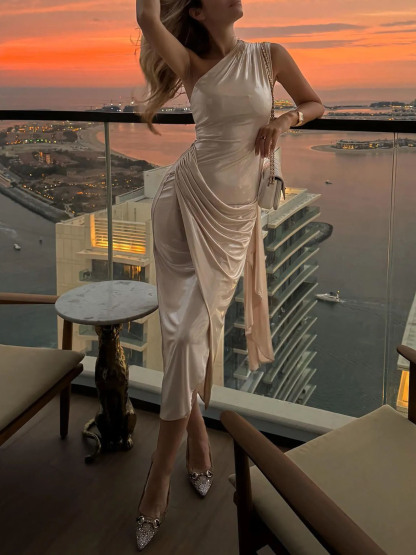 Elegant Ribbon One Shoulder Neck Party Midi Dress