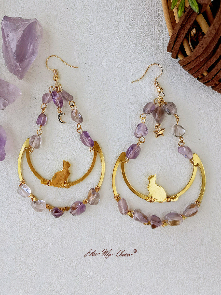 Moon & Cat Amethyst Dangle Boho Earrings-Likemychoice