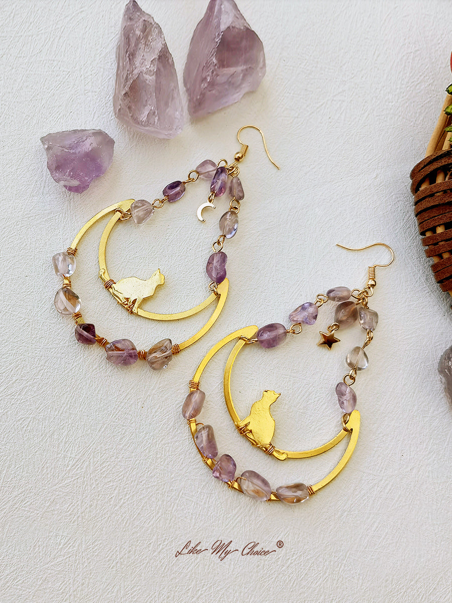 Moon & Cat Amethyst Dangle Boho Earrings-Likemychoice