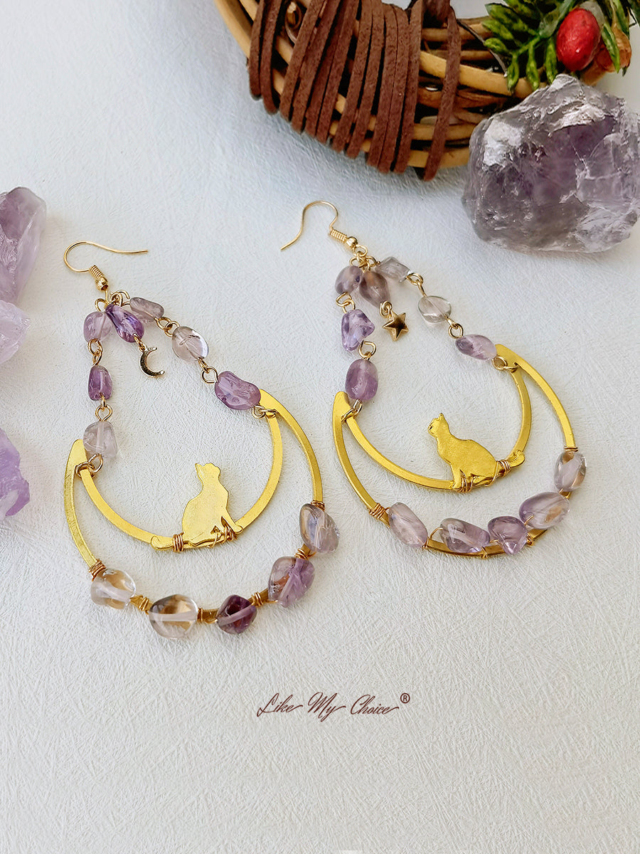 Moon & Cat Amethyst Dangle Boho Earrings-Likemychoice