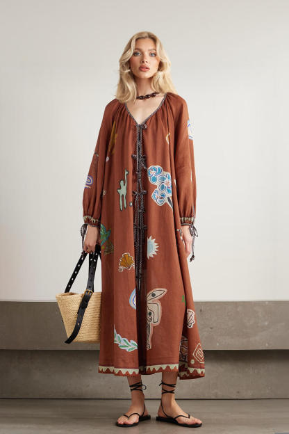 Retro Floral Print Linen-Cotton Blend Midi Dress