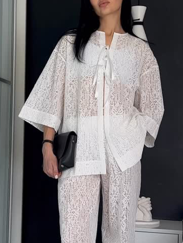Elegant Lace Loose Shirt & Wide-Leg Pants Two-Piece Set