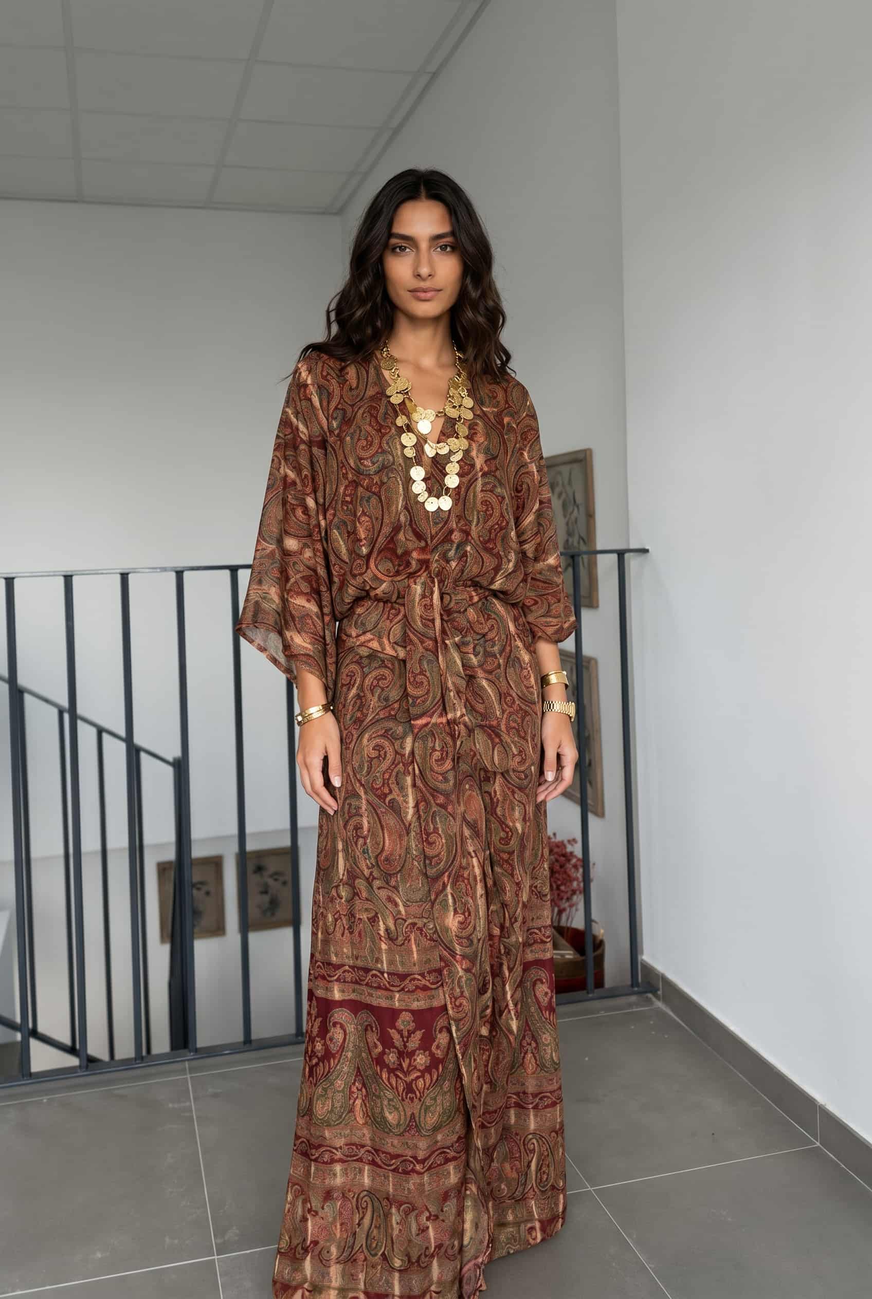 V-Neck Printed Slit Streamer Design Maxi Dress
