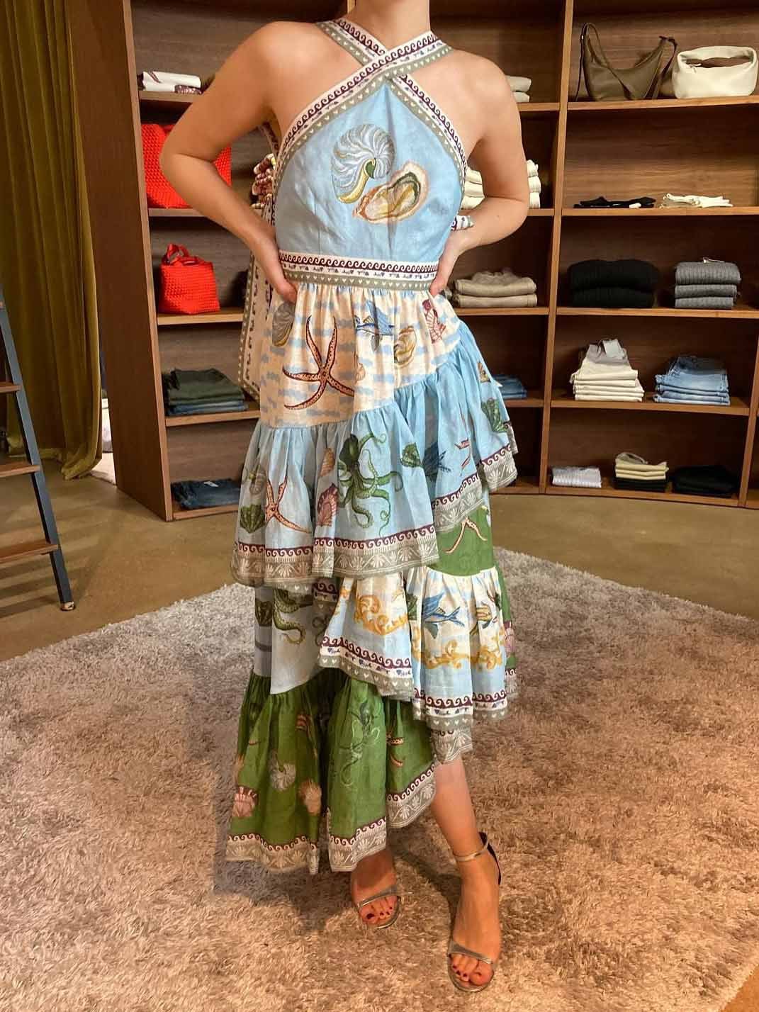 Unique Deep Sea Floral Print Tiered Irregular Midi Dress