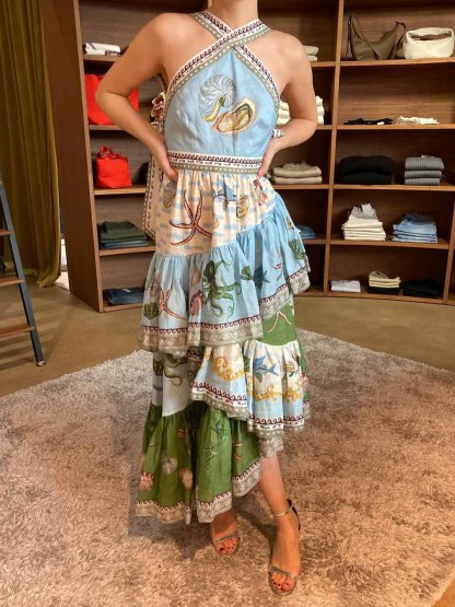 Unique Deep Sea Floral Print Tiered Irregular Midi Dress