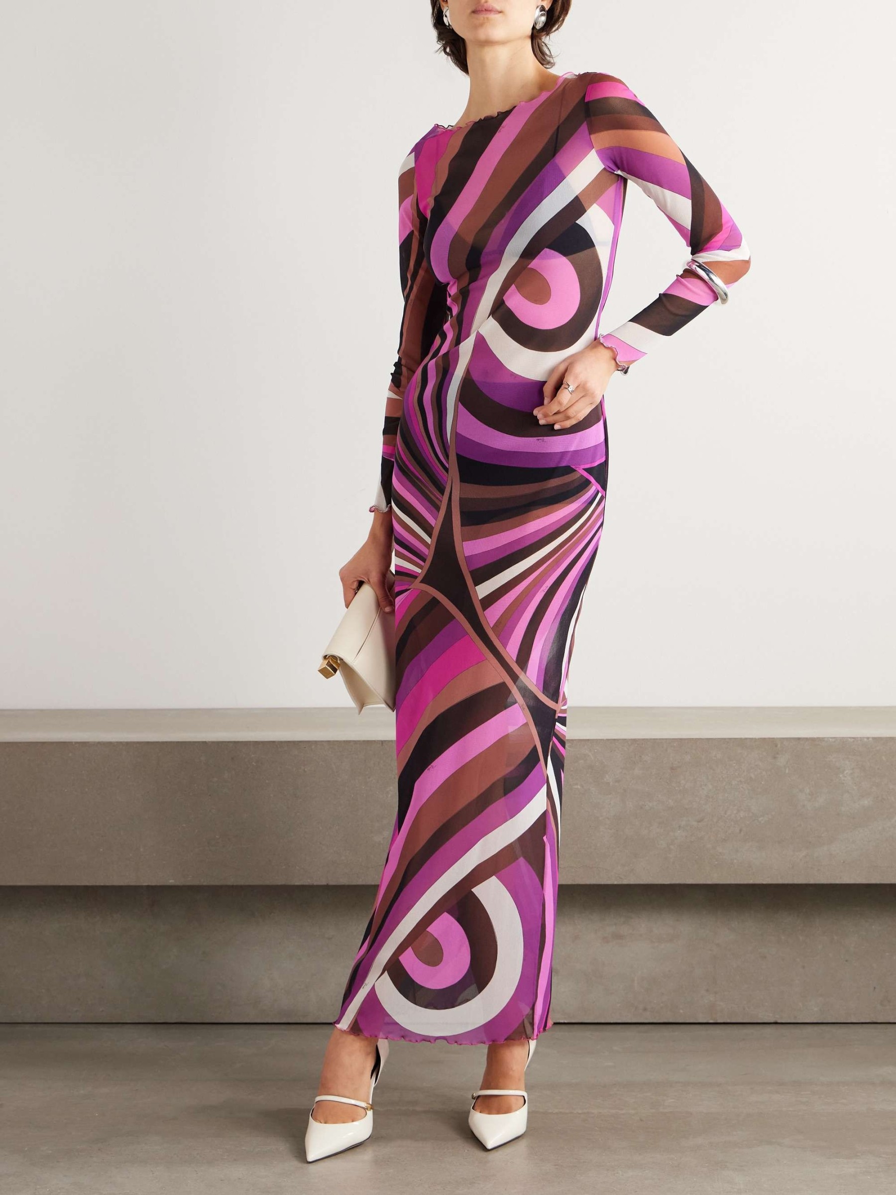 Retro Abstract Mesh Print Sheer Maxi Dress