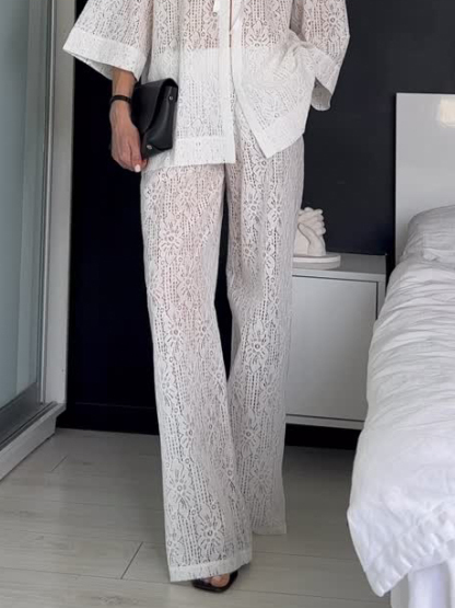 Elegant Lace Loose Shirt & Wide-Leg Pants Two-Piece Set