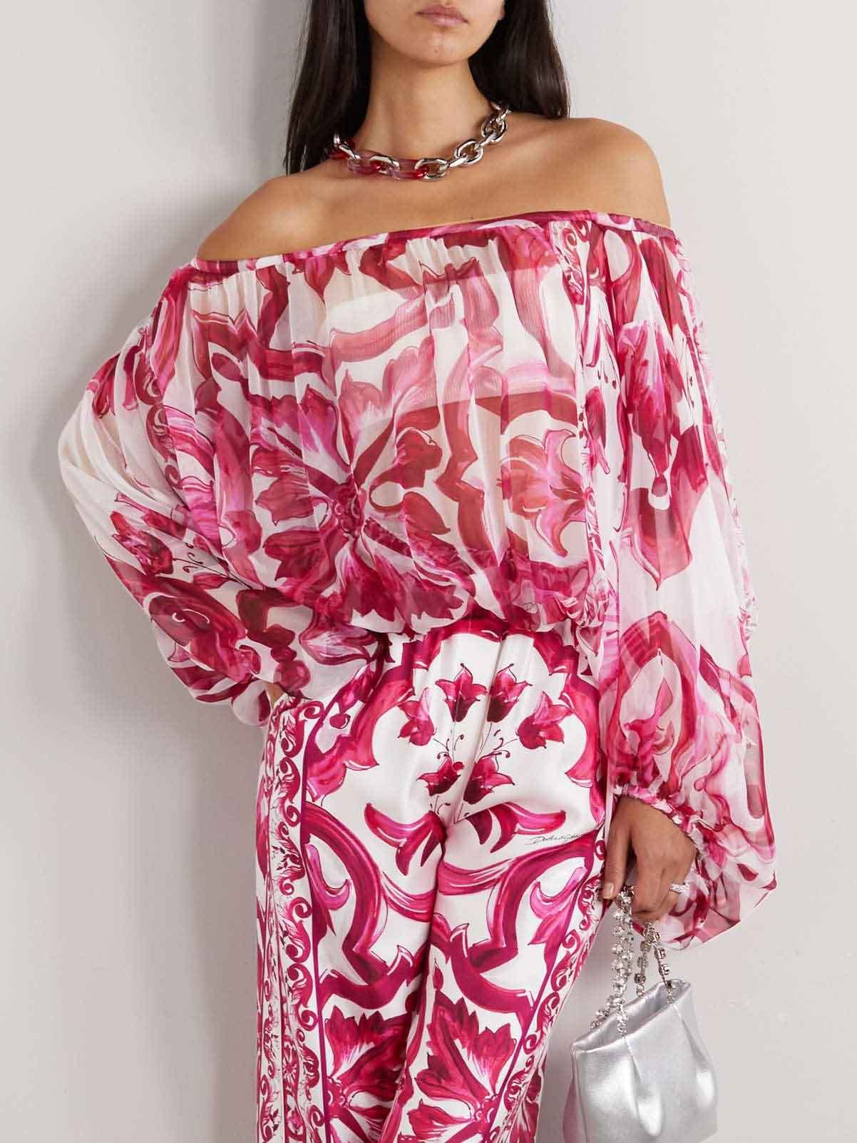 Elegant Baroque Floral Print Off-Shoulder Chiffon Two-Piece Set