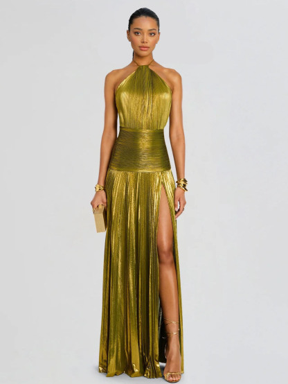 Elegant Metallic Pleated Halter Neck Maxi Dress